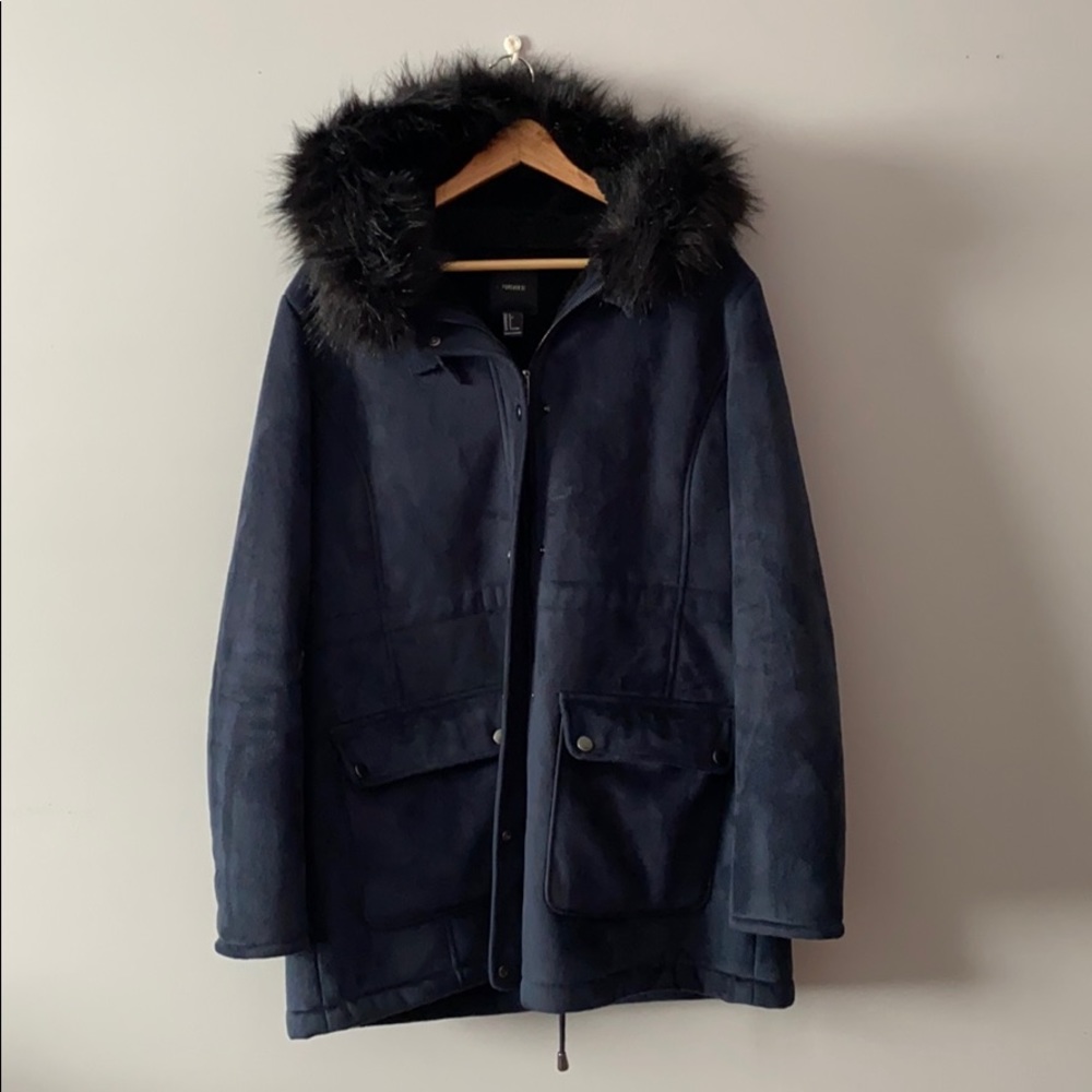 Dark Blue Suede Coat with Black Fur Trimmed Hood
